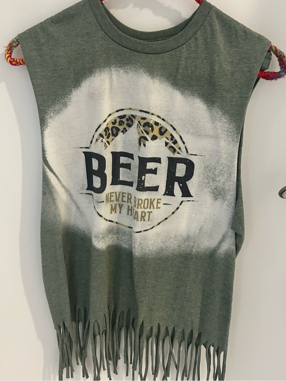 Gildan Olive Green Fringe Tank with Beer Graphic